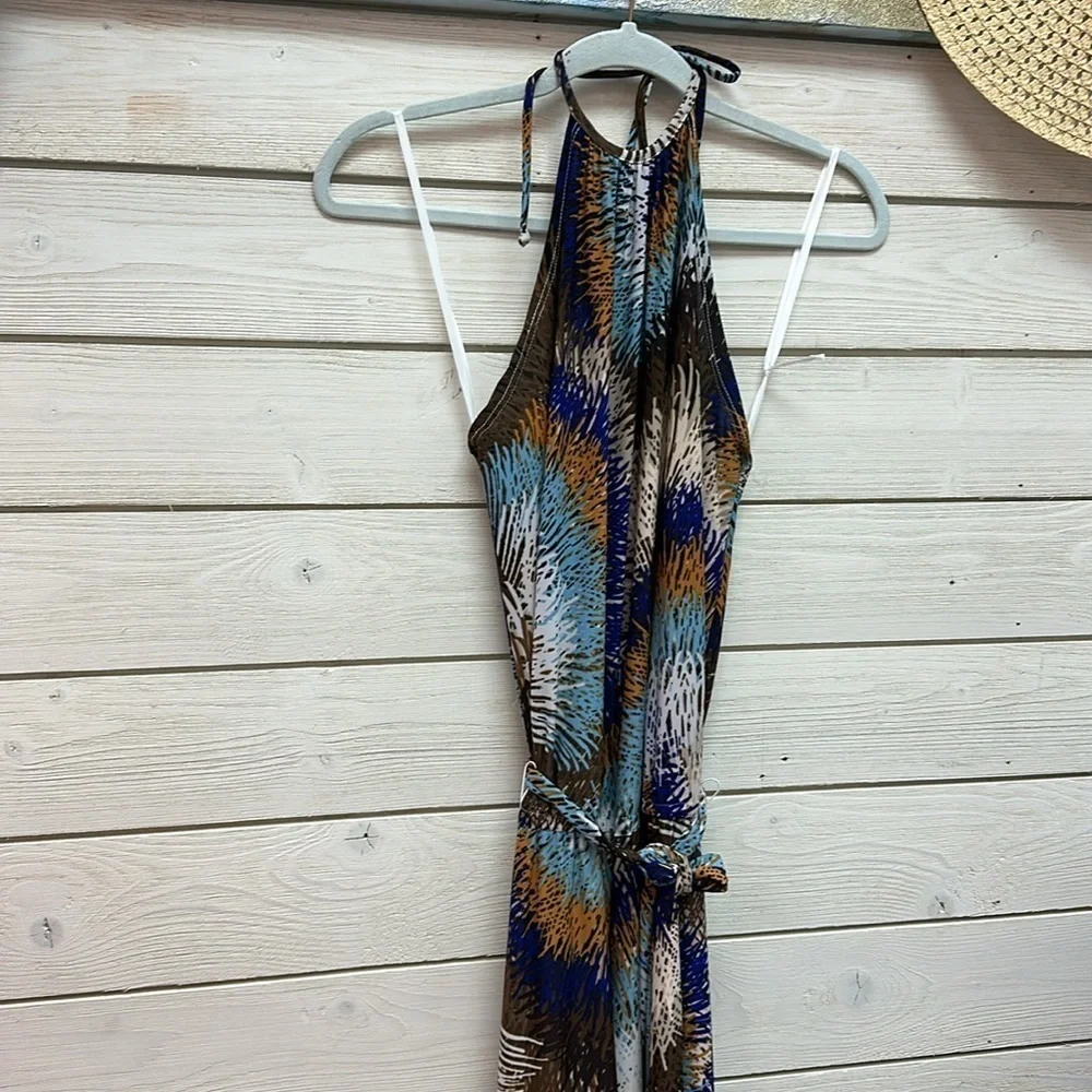 Nikki Poulos Size Sm Tie Dye Halter Jumpsuit Brown Blue Belted Cut Out Tie Neck